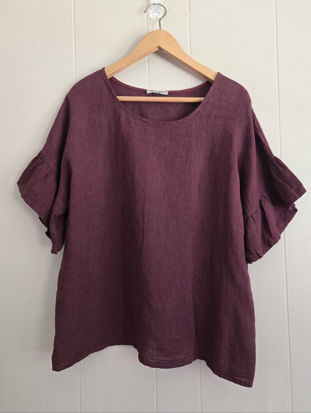 Elena Baldi Linen Blouse Top Maroon Red Ruffle Sleeve L Breezy Lagenlook